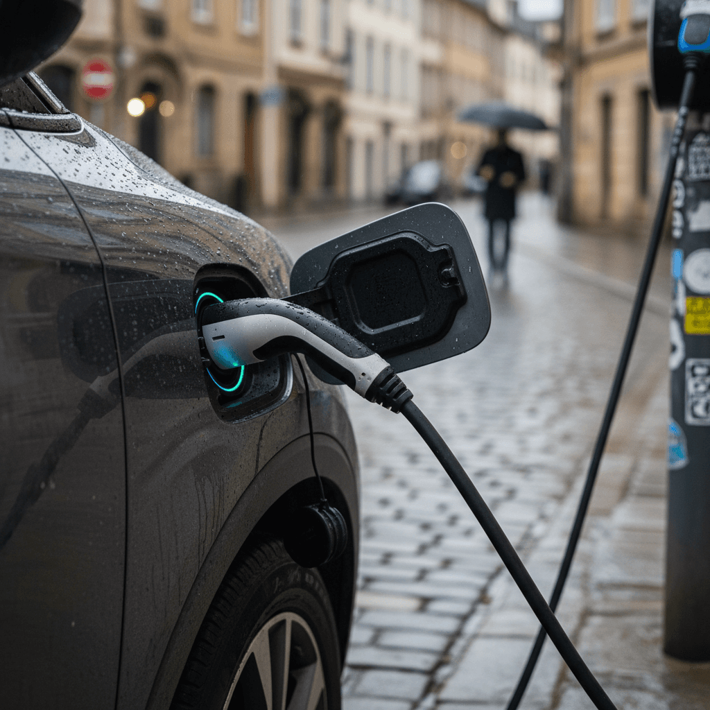 Electric vehicle plugged into a public Level 2 charging station in a Virginia Beach parking garage with directional EV signage