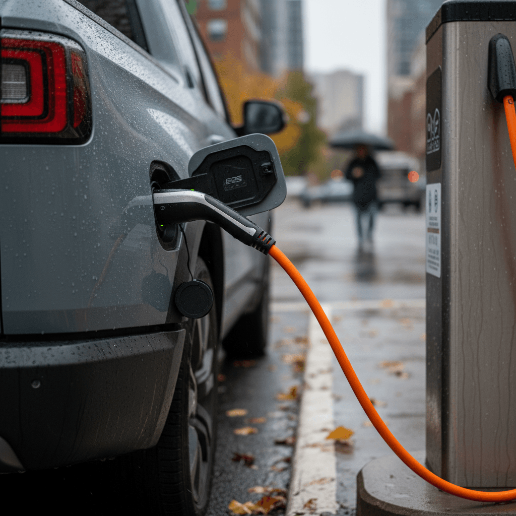 Compact gray Slate electric pickup truck charging at a public station using a NACS connector