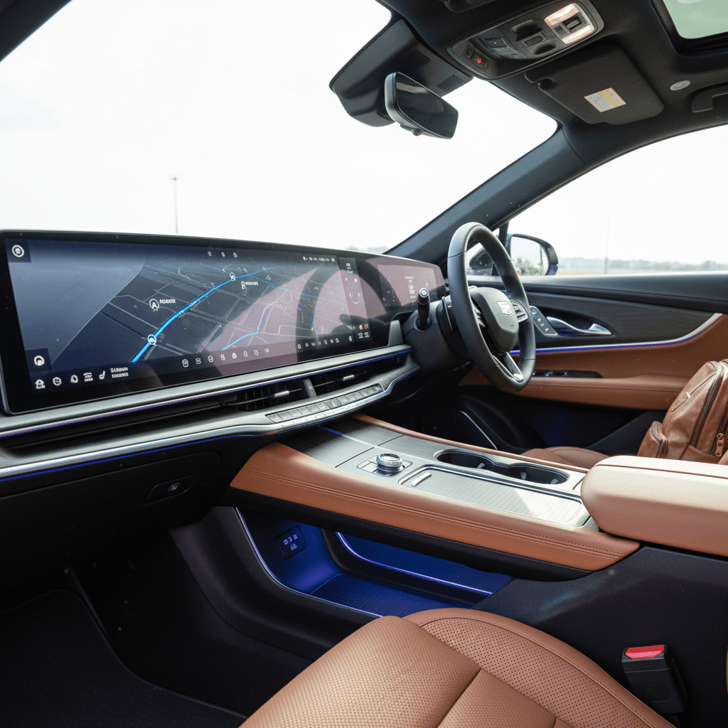 Front seats and dashboard of a Cadillac Lyriq highlighting its curved display, touch controls, and ambient lighting compared with traditional Cadillac interiors.