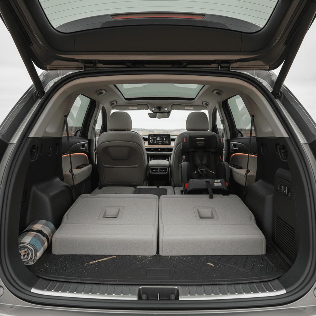 Three-row electric SUV interior showing ample third-row legroom and flat cargo floor with seats folded