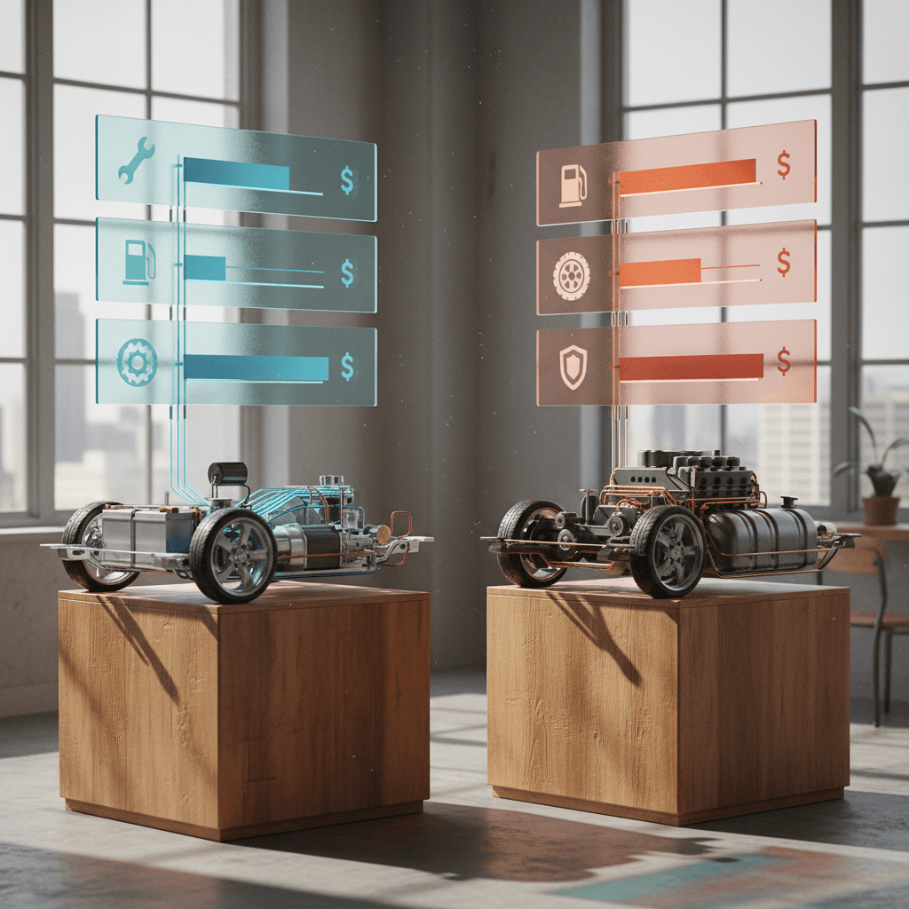 Illustration comparing electric car and gas car with monthly cost categories such as payment, fuel, maintenance, and insurance shown side by side