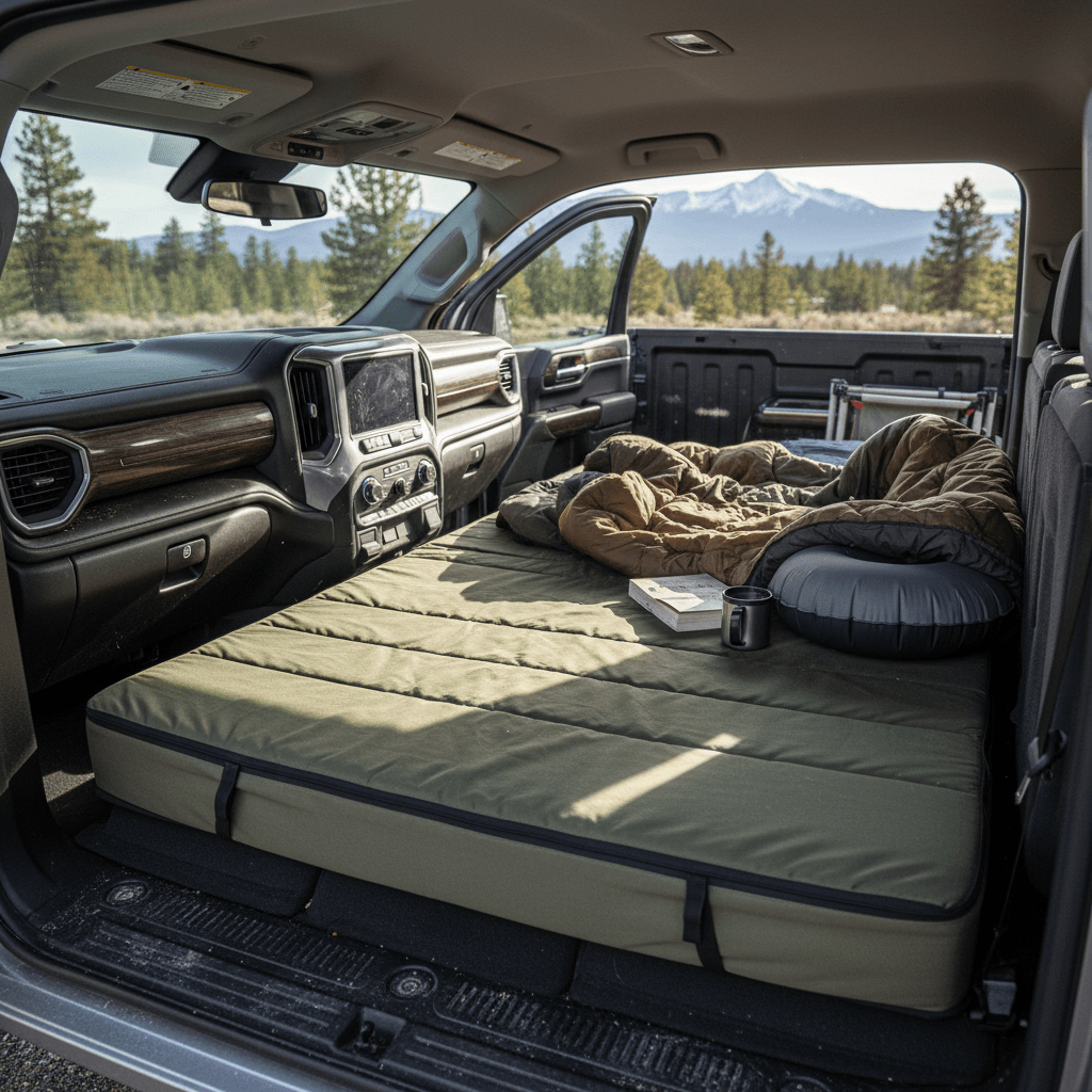 Chevrolet Silverado EV interior with rear seats folded to create a flat platform with a camping mattress