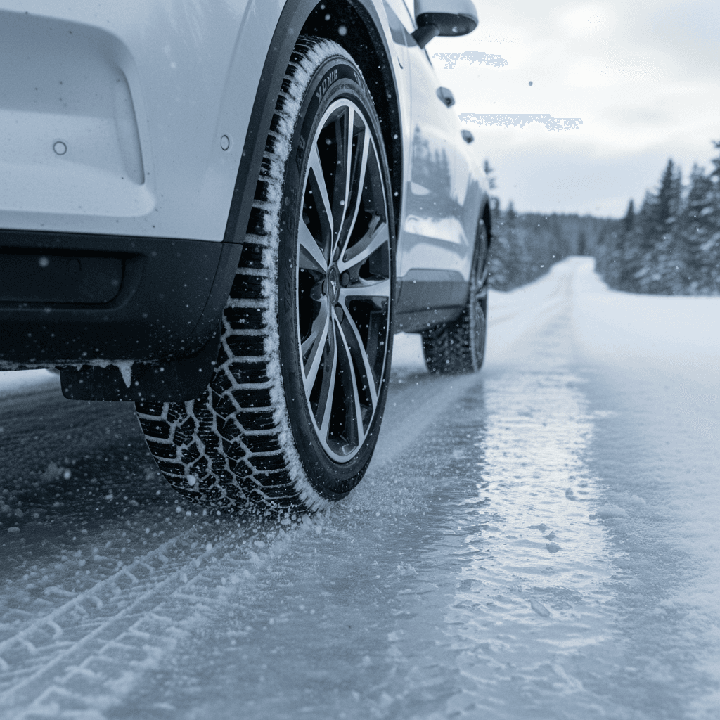 Close view of a Volvo EX90 front wheel on a snowy road showing deep winter tire tread biting into packed snow
