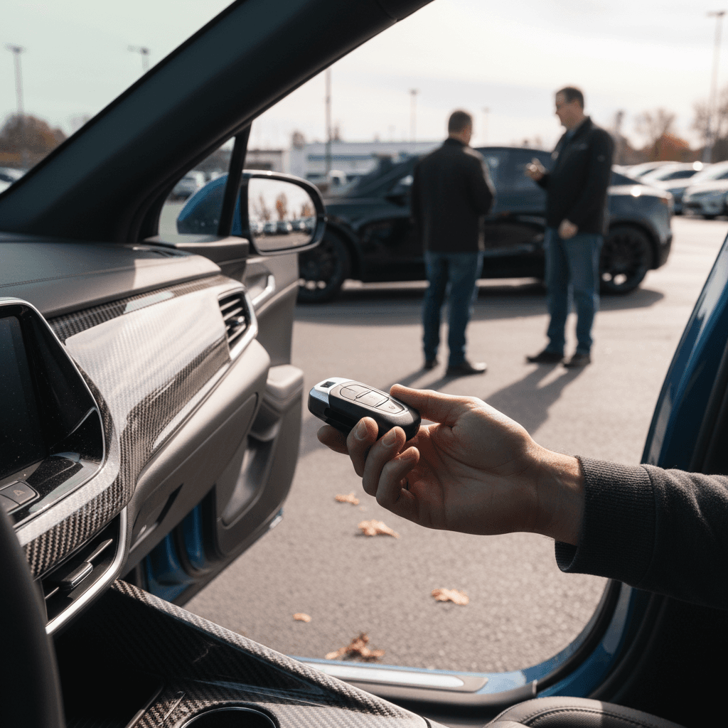 Seller and buyer shaking hands in front of a Chevrolet Blazer EV at a dealership
