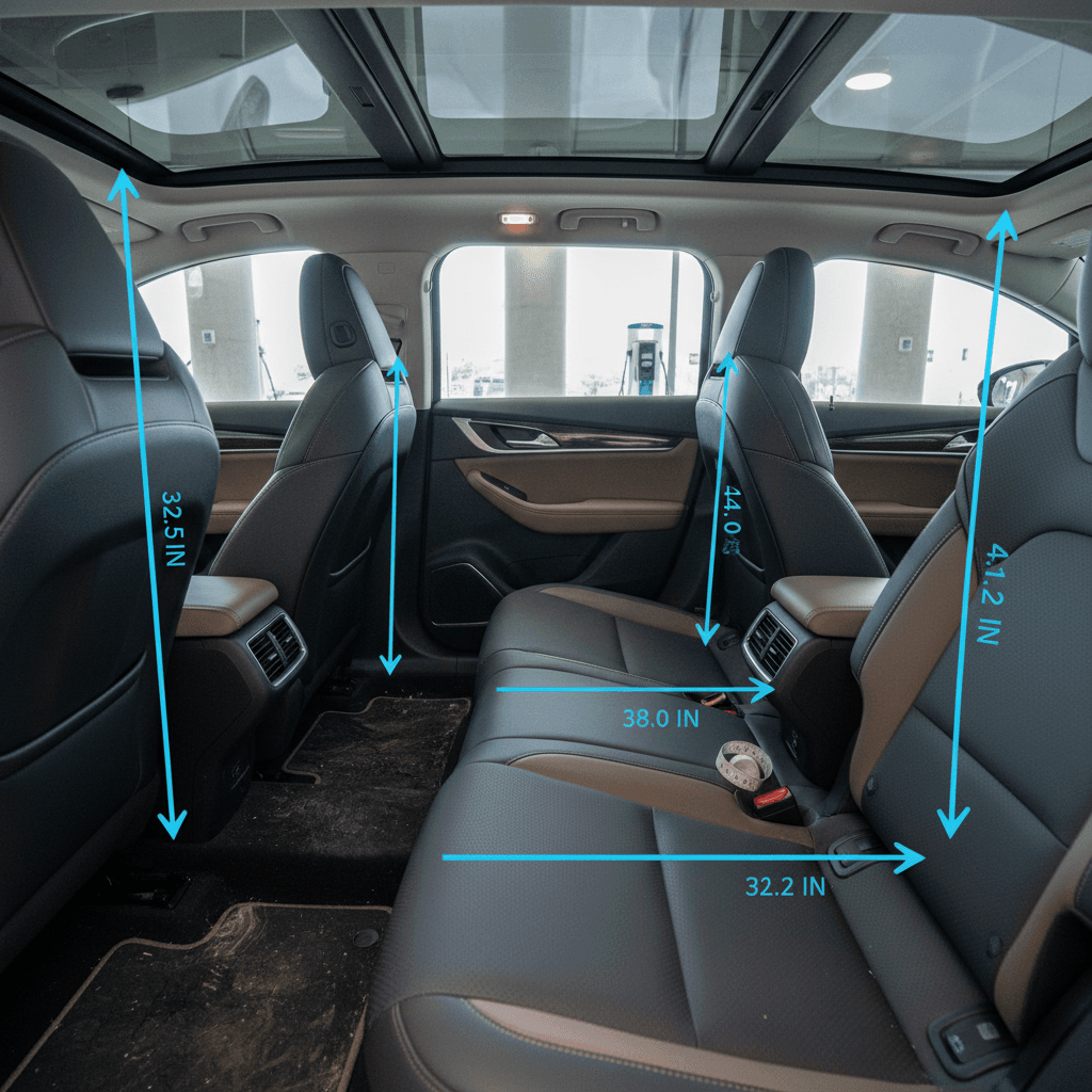Several electric vehicles parked side by side with highlighted rear-seat areas to illustrate differences in rear legroom