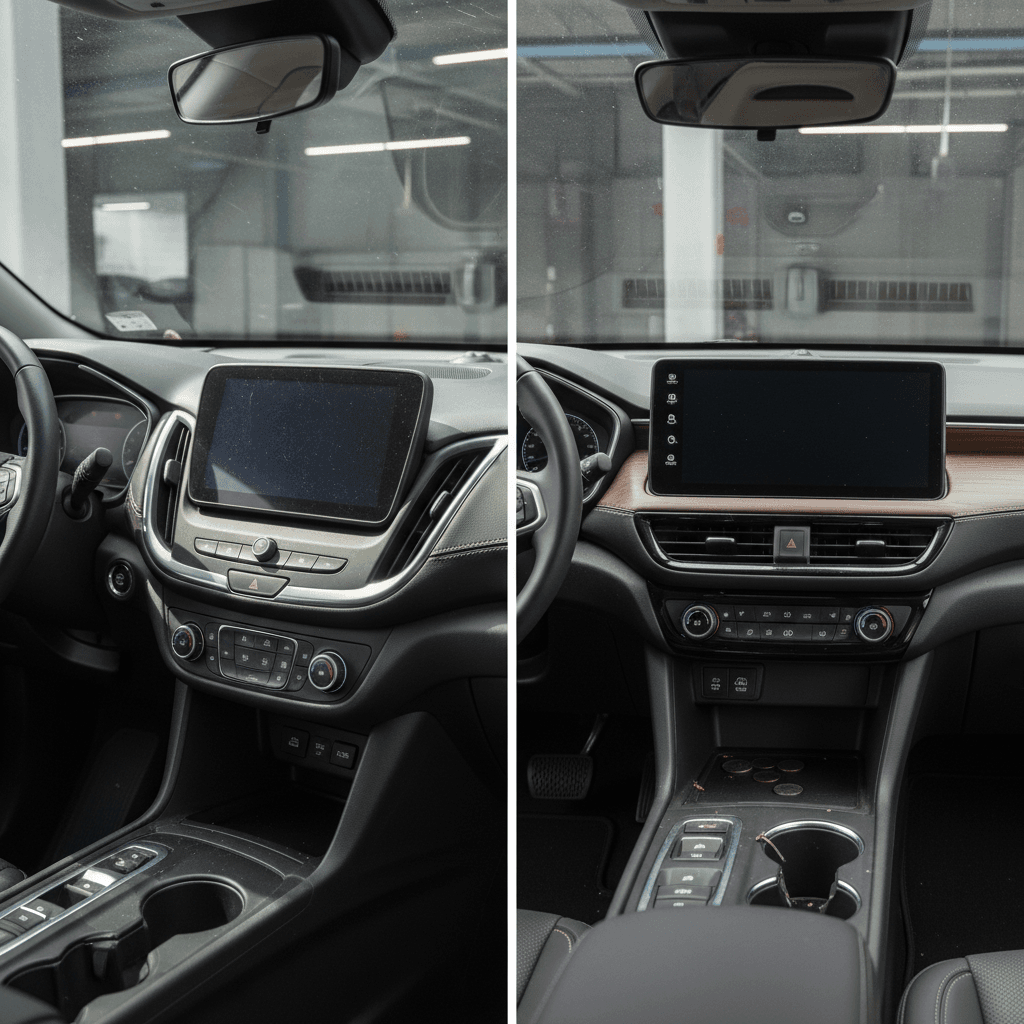 Side-by-side interior view of a Chevrolet Equinox EV and Honda Prologue showing their dashboards and infotainment screens