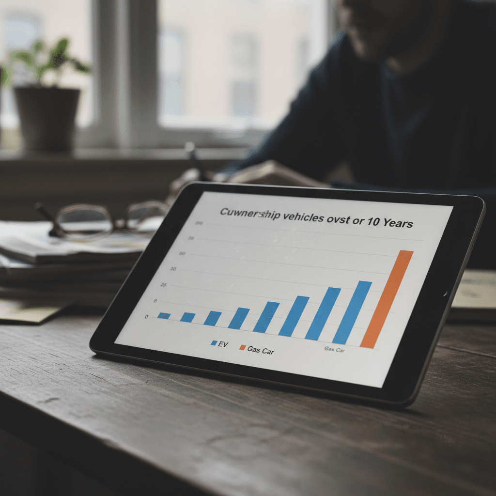 Tablet showing line graph comparing total cost of ownership of an electric car versus a gas car over ten years