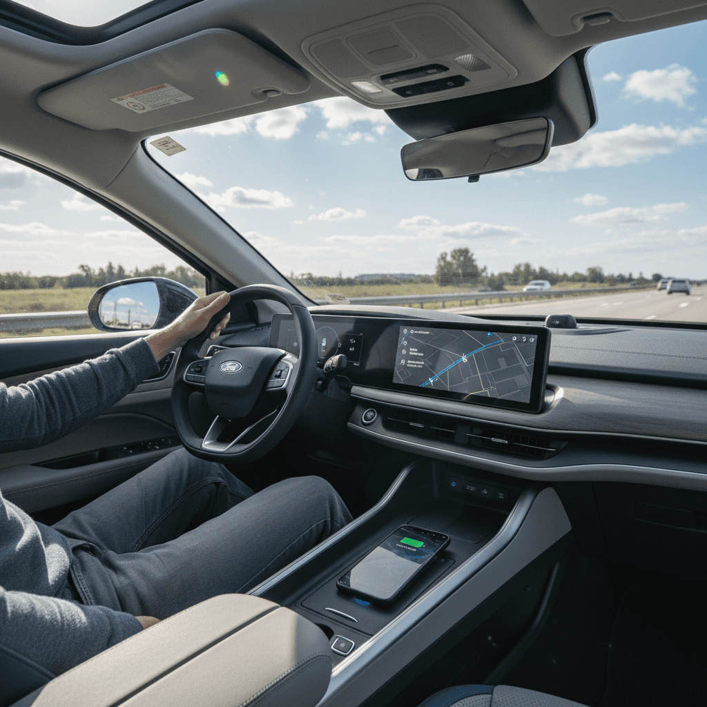 Driver in a modern electric car using hands-free highway assist on a highway