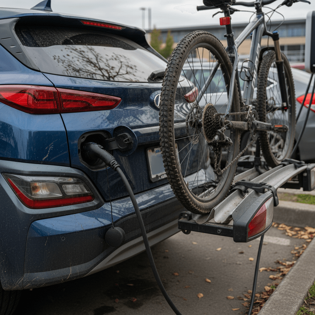 Hyundai Kona Electric with hitch-mounted bike rack parked at a public charging station