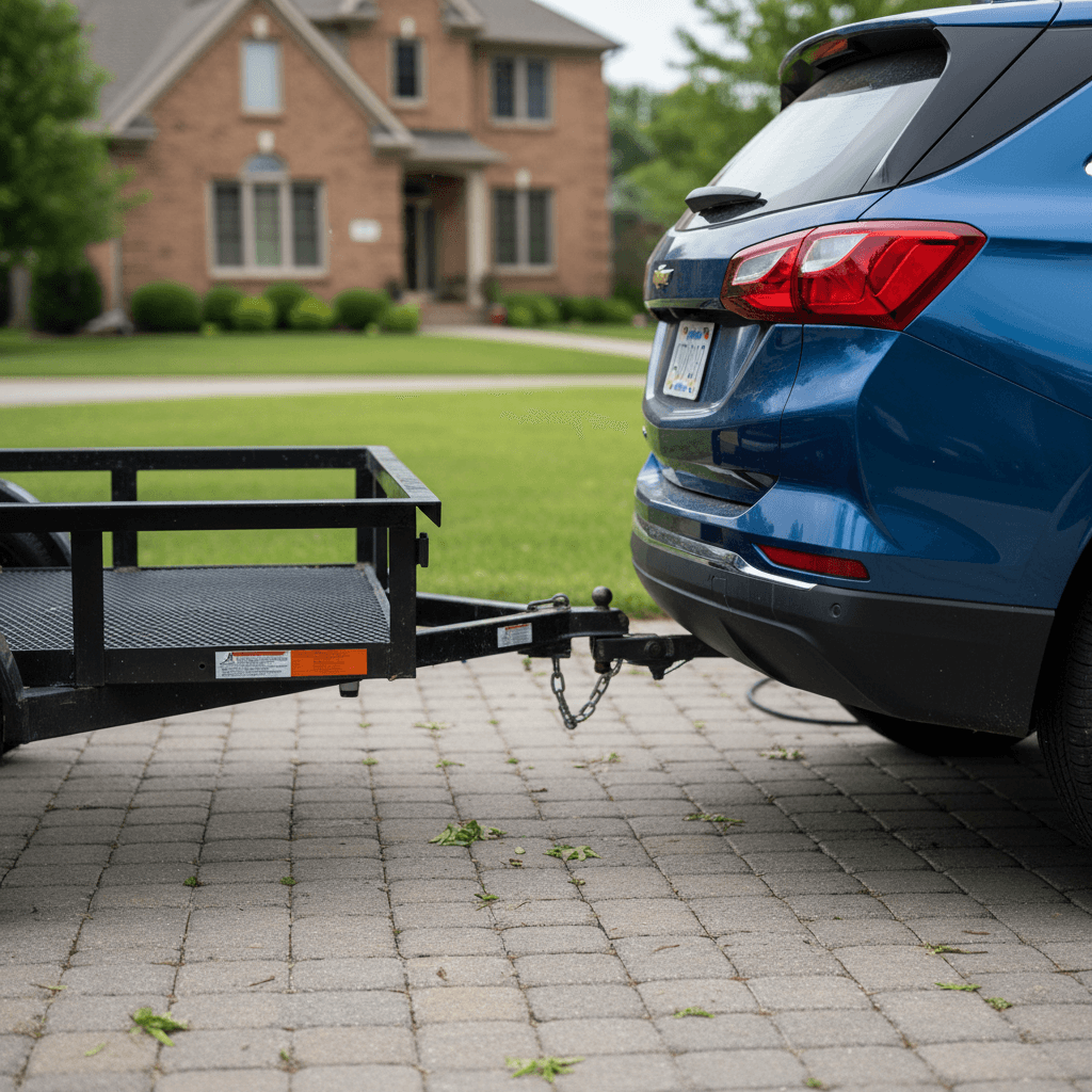 Chevrolet Equinox EV with small utility trailer hitched up in a driveway, showing proper level trailer setup