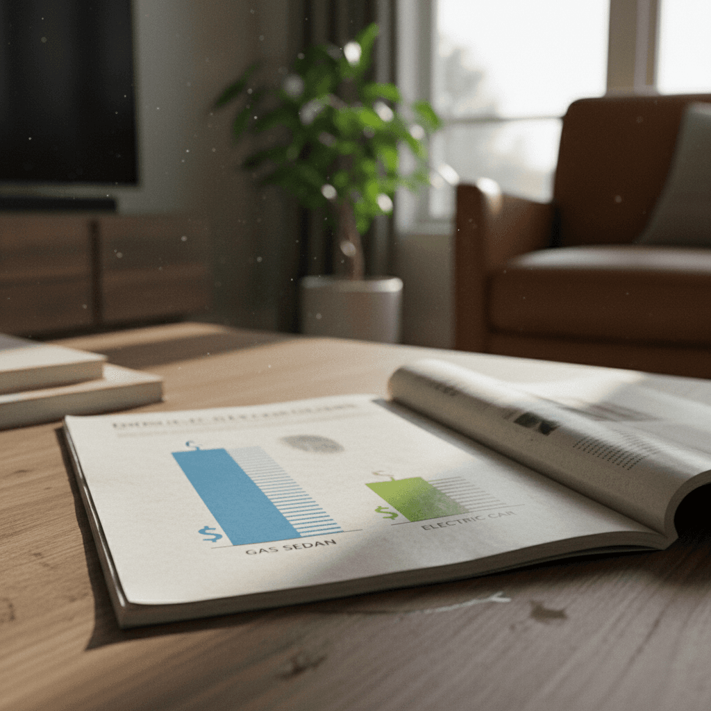 Simple bar chart comparing annual fuel costs for a 25 mpg gas sedan and an electric car at typical U.S. driving mileage.