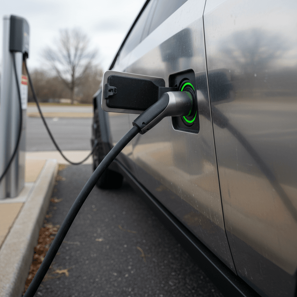 Close-up of a Tesla Cybertruck charging cable connected to the truck’s charge port at a public charging station