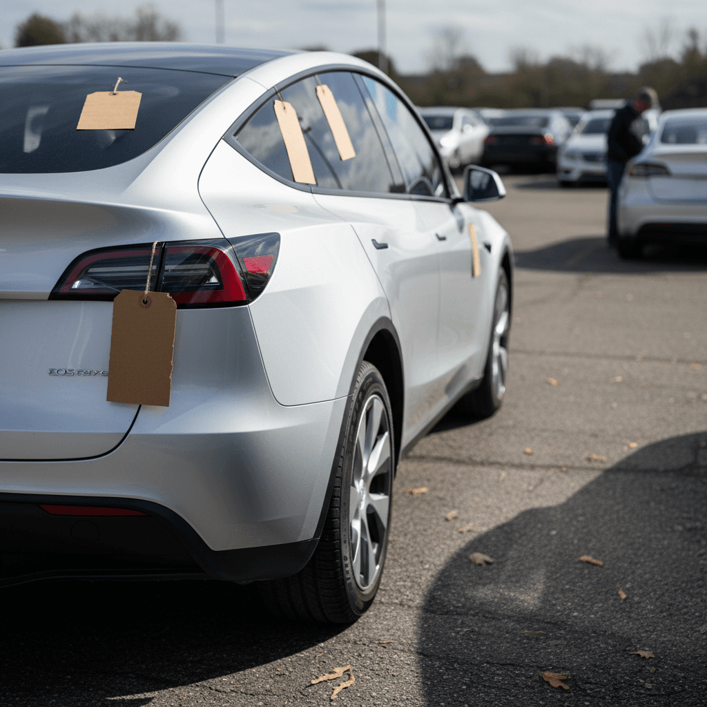 Row of used Tesla Model Y SUVs parked on a dealer lot with price stickers in the windows