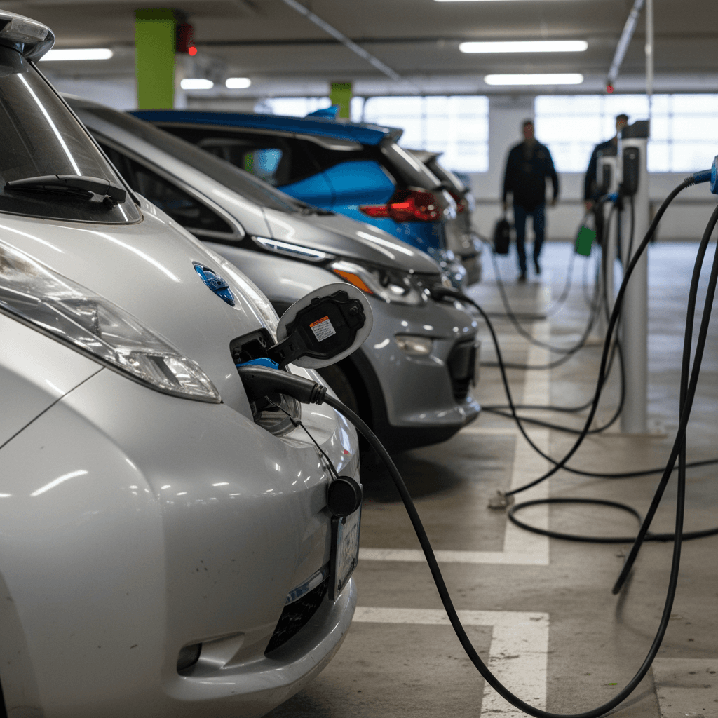 Line of compact electric cars plugged into workplace charging stations, representing practical EVs for daily commuting