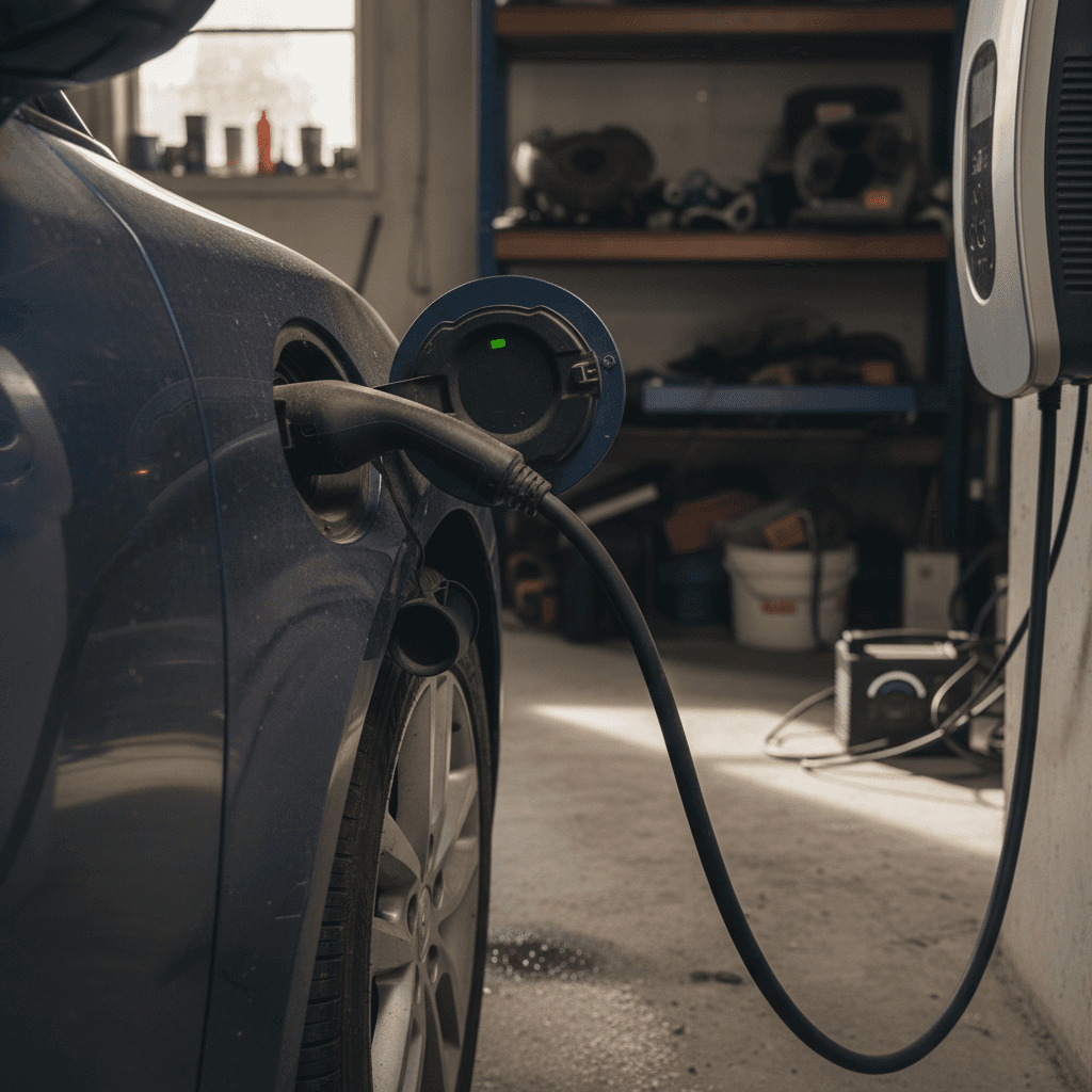 Technician using an OBD2 scanner and smartphone app to read the State of Health of a used EV battery in a service bay