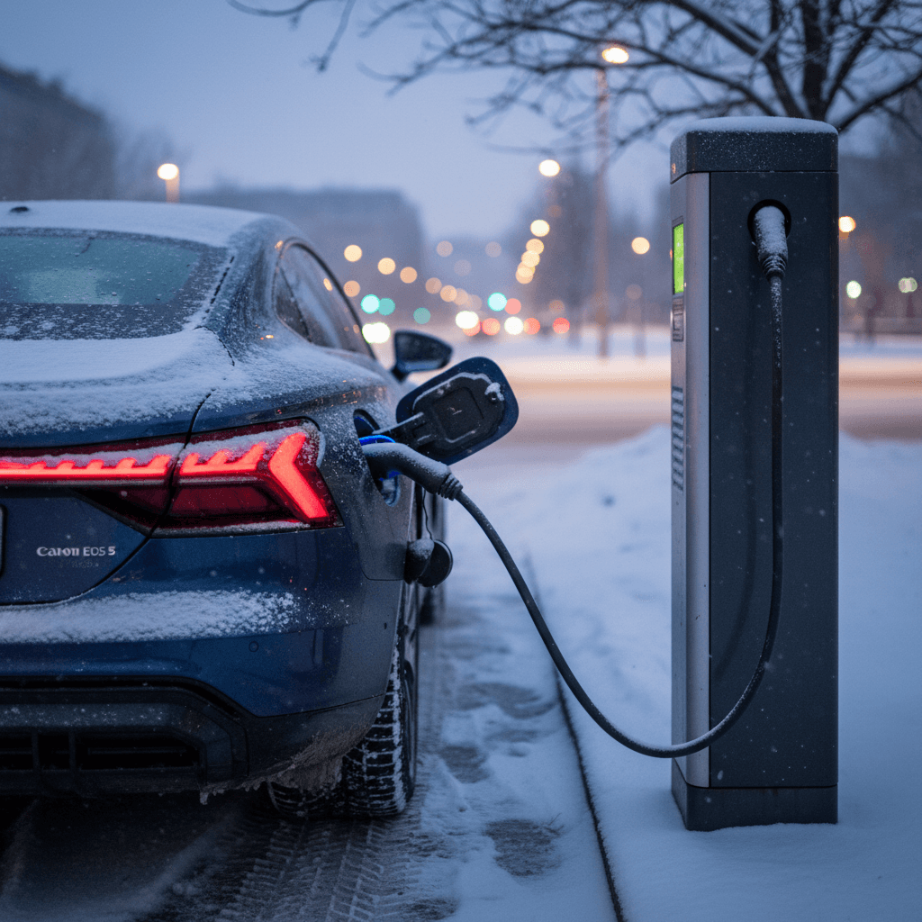 Audi e-tron GT charging at a public fast charger in winter with snow on the ground