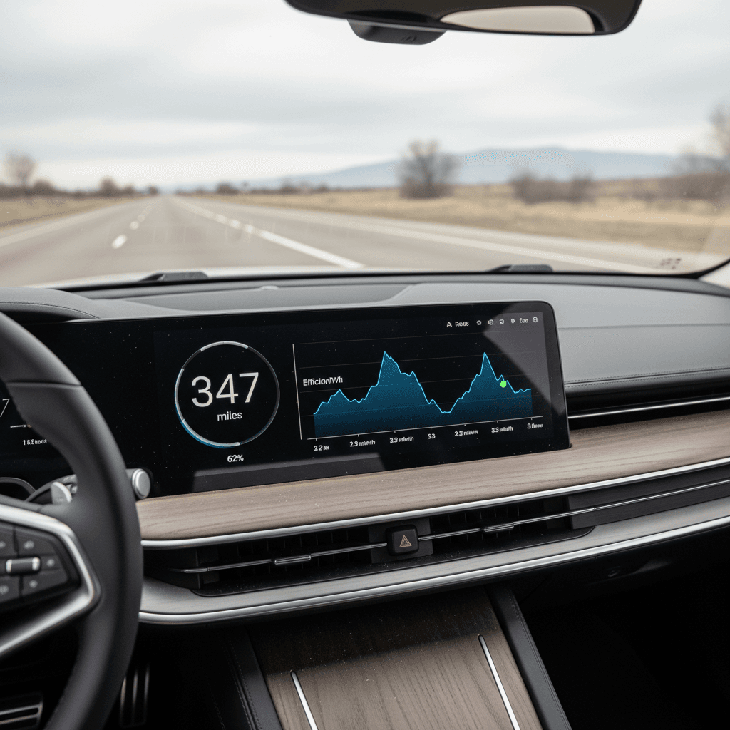 Lucid Air digital instrument cluster showing range estimate, battery state of charge, and recent efficiency while driving on highway
