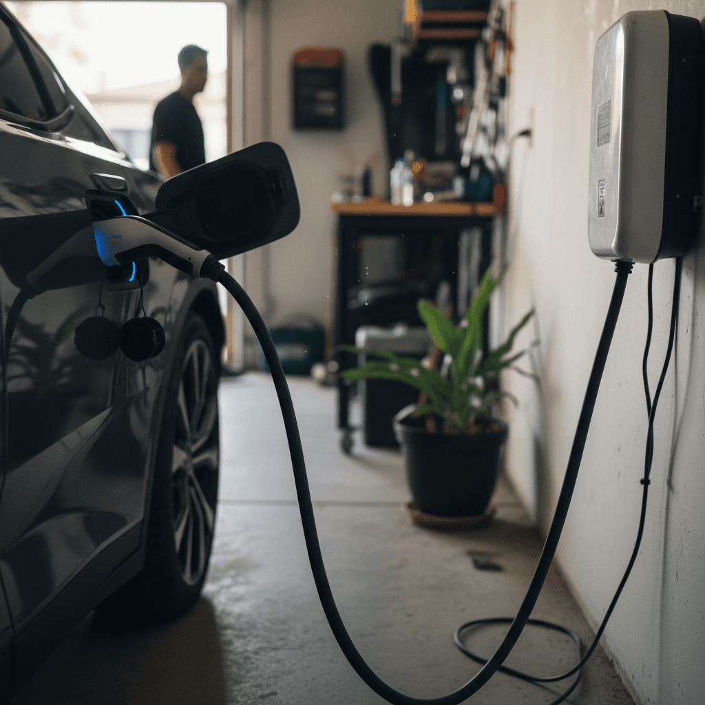 Electric car charging on a Level 2 home charger in a Los Angeles garage