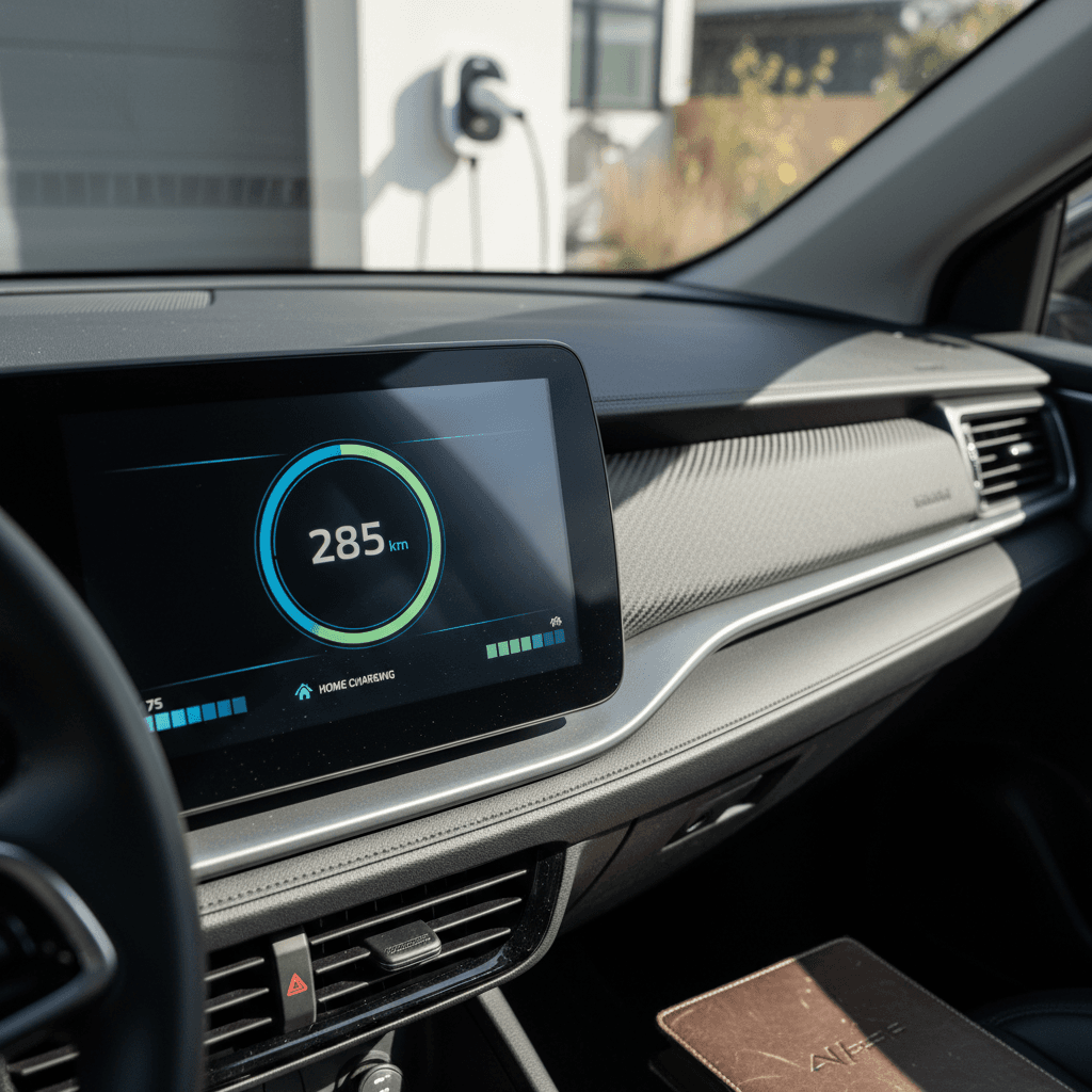 Row of electric vehicles charging at a public station during the day