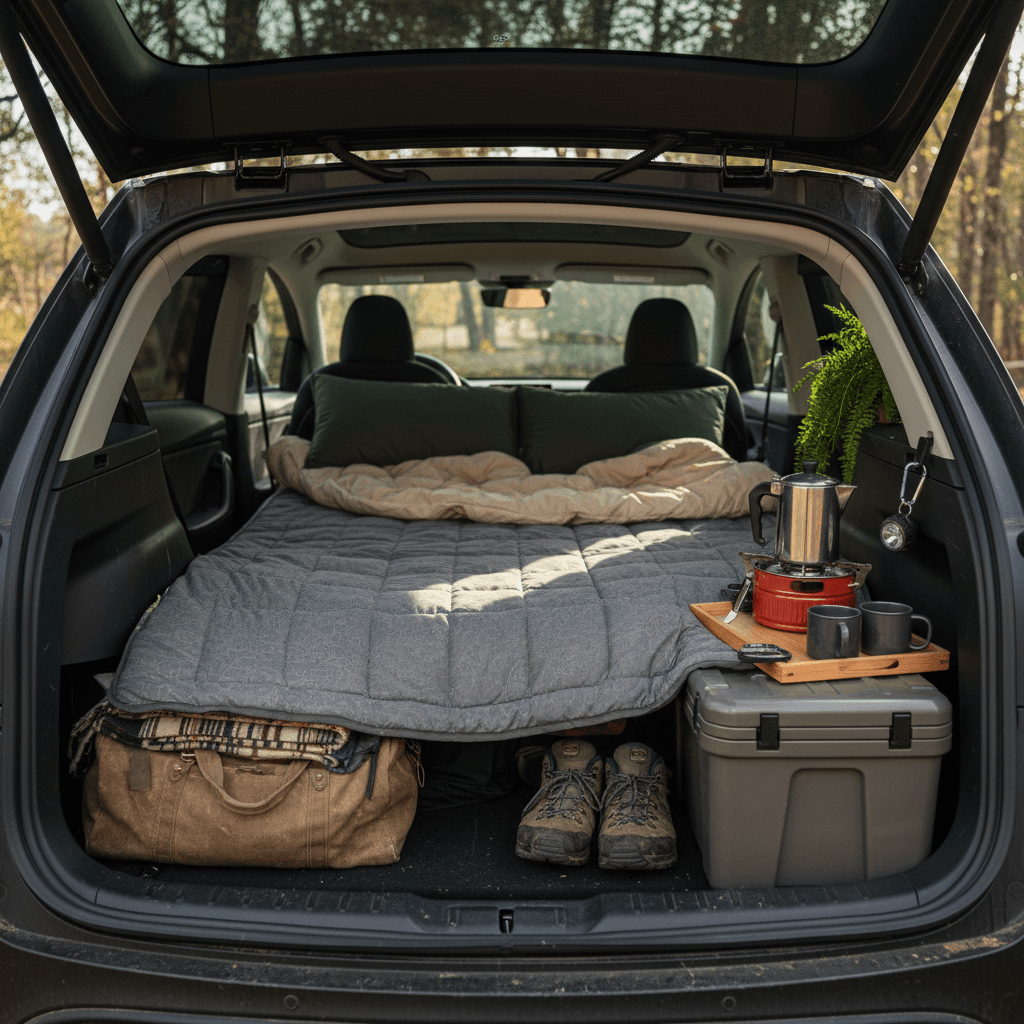 Tesla Model Y cargo area with rear seats folded down, camping mattress laid flat, and bedding neatly arranged for sleeping