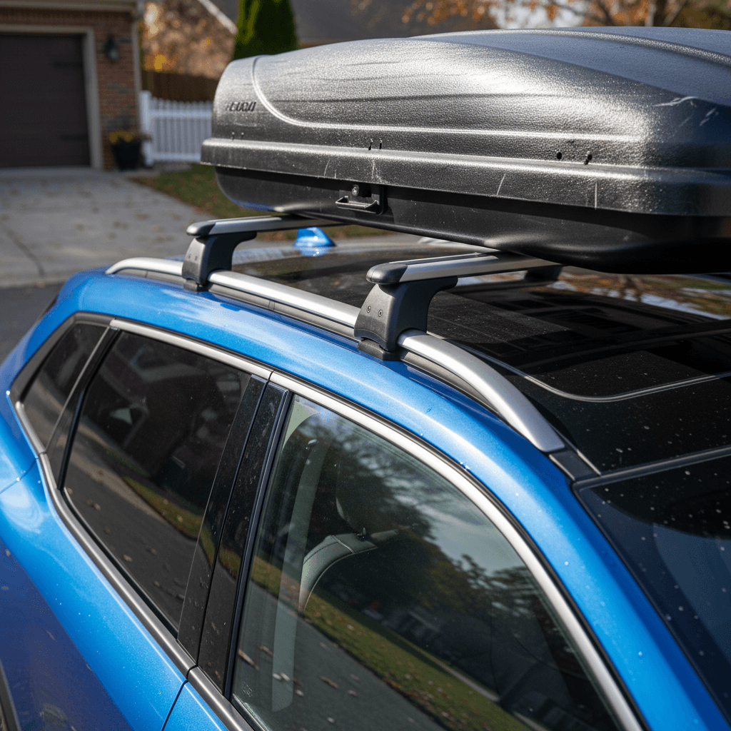Honda Prologue roof rails and crossbars with a cargo box mounted in a driveway