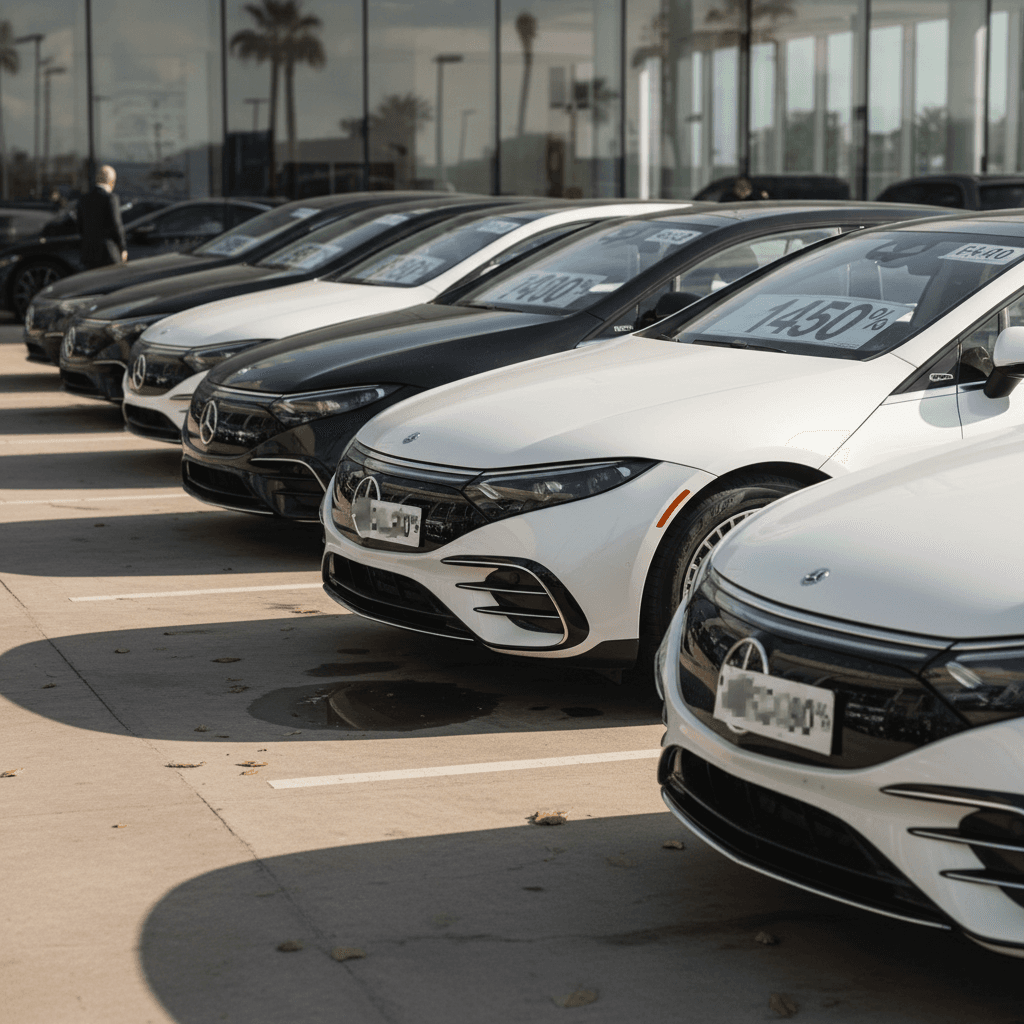 Line of used Mercedes EQS sedans on a dealer lot, each with a discounted price tag in the windshield