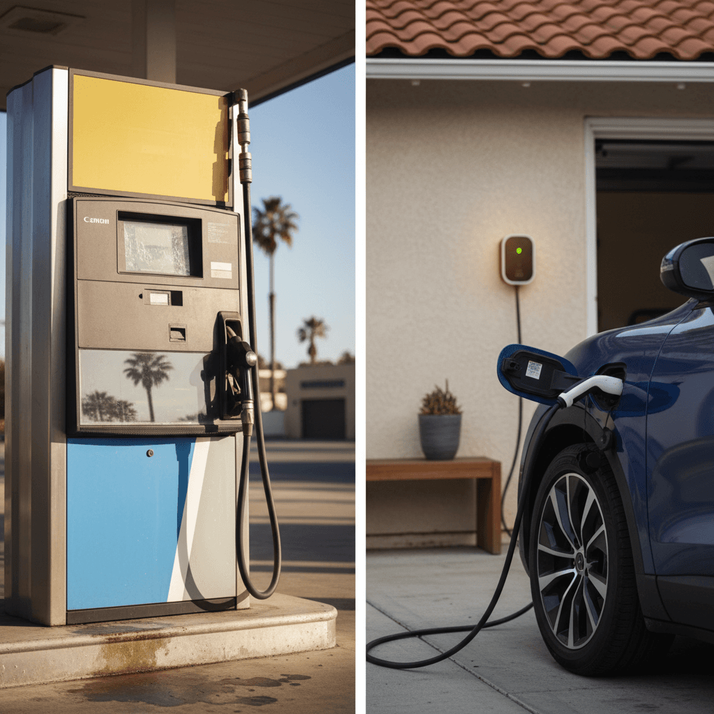 Side‑by‑side comparison of a California gas station price sign and an electric vehicle charging at home