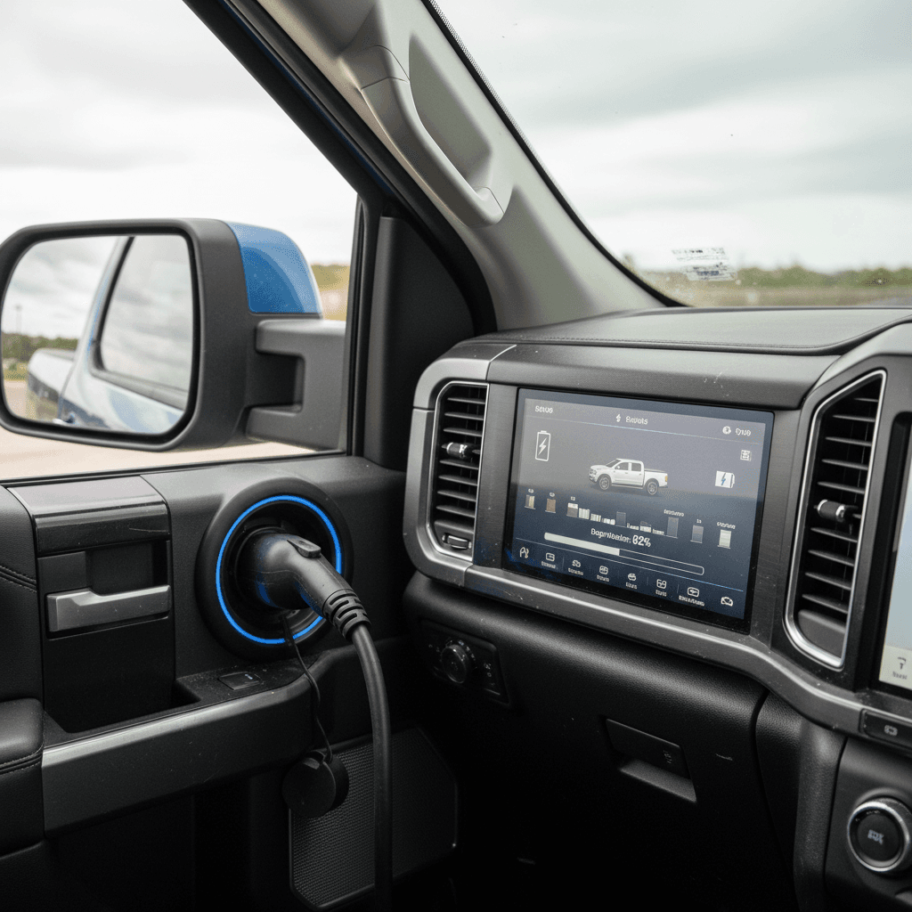 Ford F-150 Lightning plugged into a home charger with battery health displayed on the touchscreen