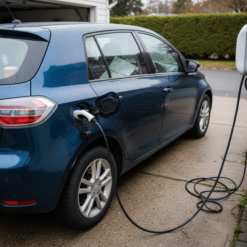 Used electric hatchback parked in a driveway and plugged into a home Level 2 charger, ideal for a suburban commute