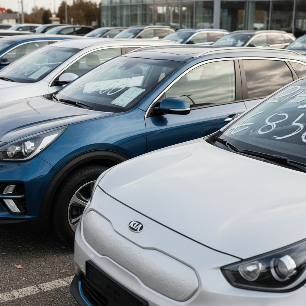 Row of used Kia Niro EVs lined up on a lot, each with a visible window price sticker, highlighting used pricing and value.