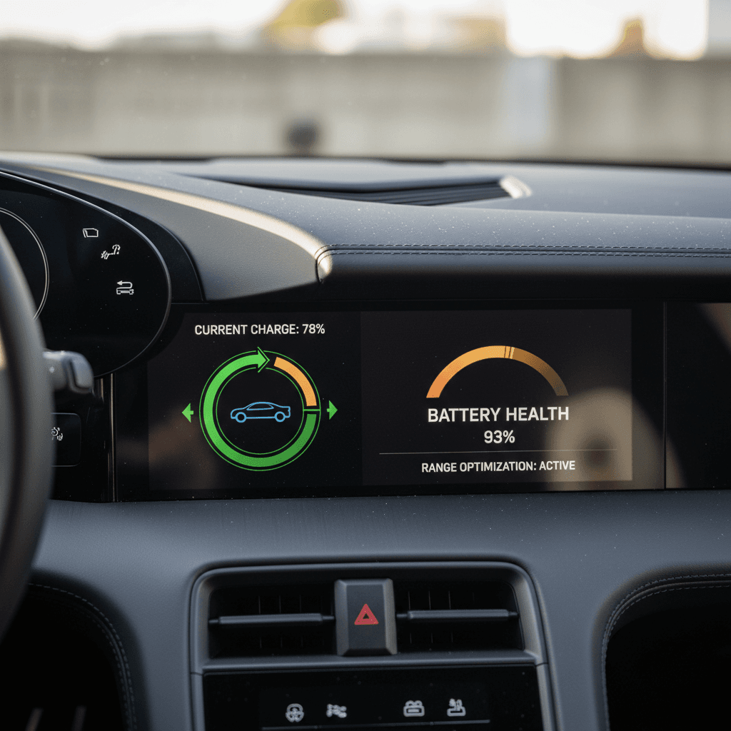 Porsche Taycan instrument cluster showing battery state of charge and estimated range