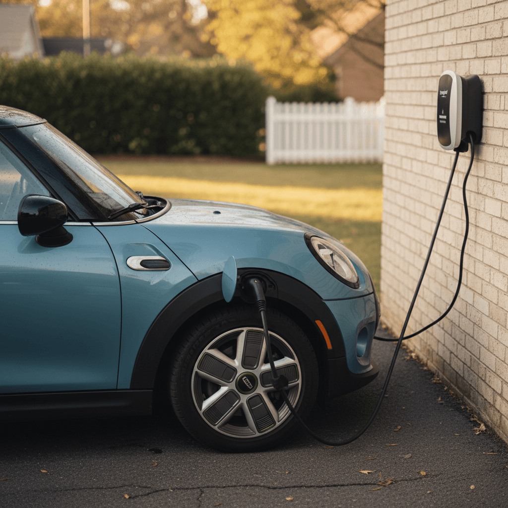 Used Mini Cooper SE charging at a home Level 2 wallbox in a suburban driveway