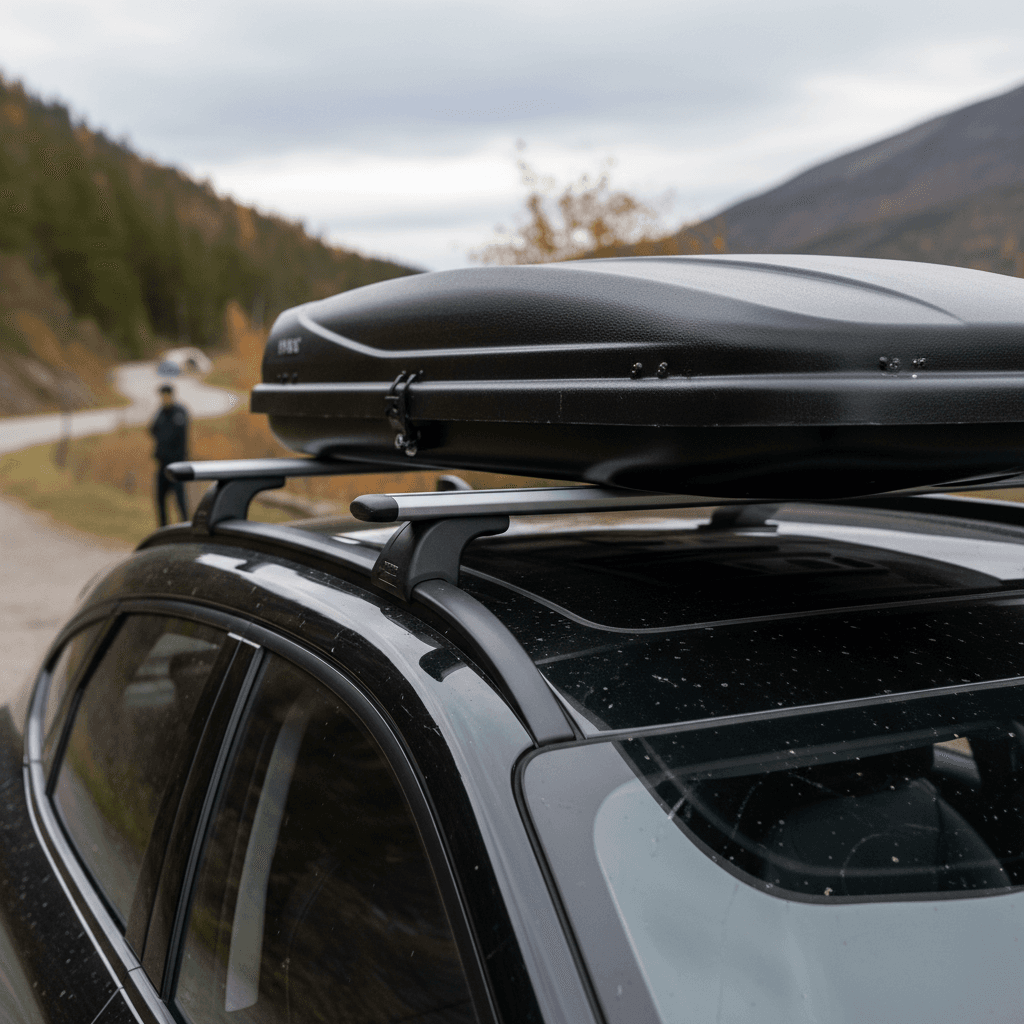 Acura ZDX with roof rails and crossbars carrying a cargo box on a suburban street