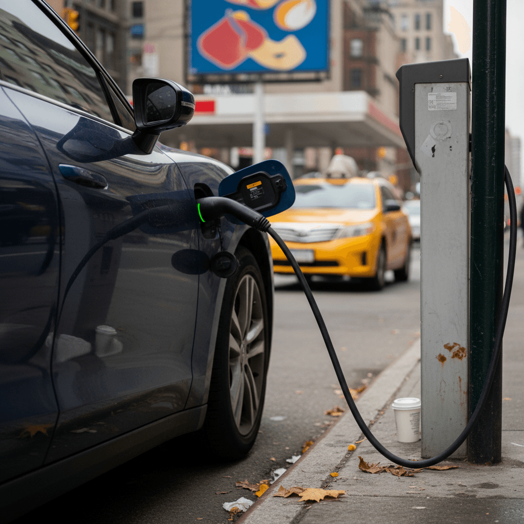 Electric car plugged into a curbside Level 2 charger on a New York City street, with gas station price sign visible in the distance