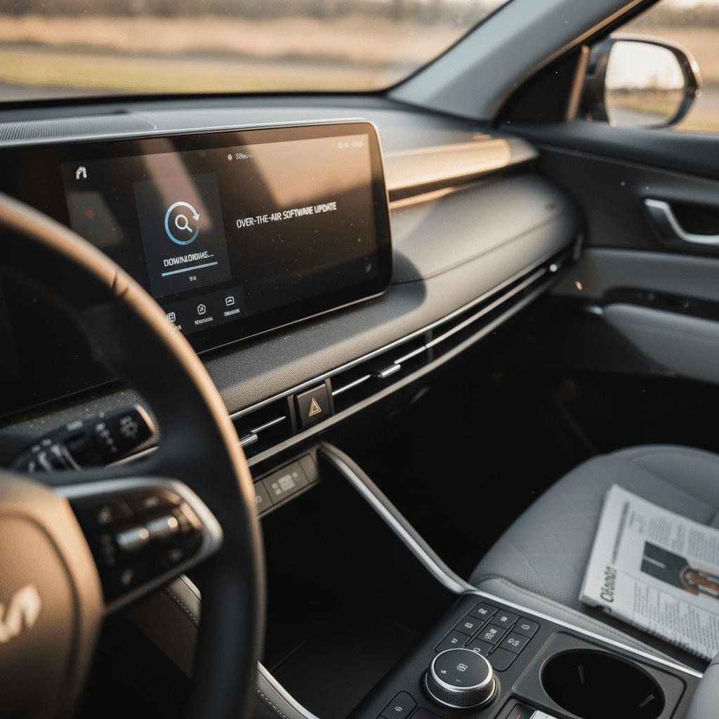 Kia EV9 interior showing infotainment screen prompting the driver to install an over-the-air software update while parked