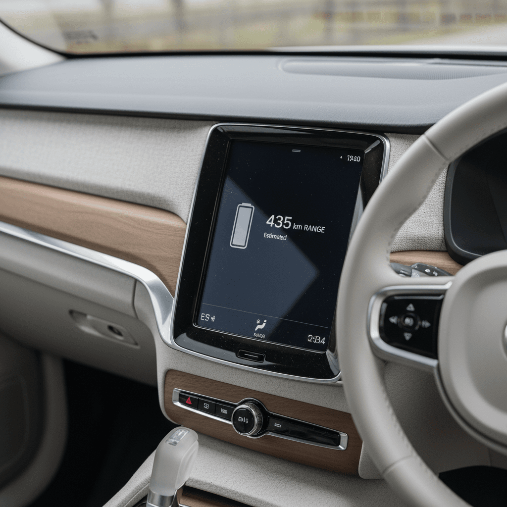Volvo EX90 digital cockpit screen showing battery state of charge and estimated range