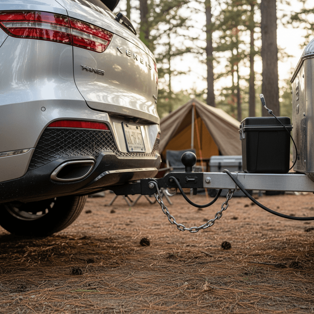 Genesis Electrified GV70 at a campsite with a small trailer attached to the rear hitch