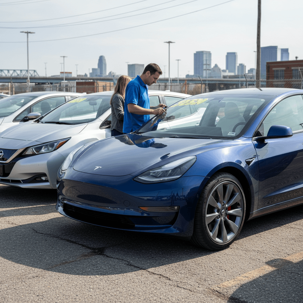 Row of used electric vehicles lined up on a dealership lot in New Jersey with price tags in the windows