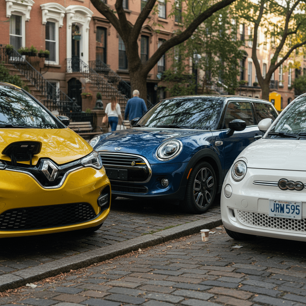 Three small electric cars parked along a quiet residential street, ideal for short city commutes