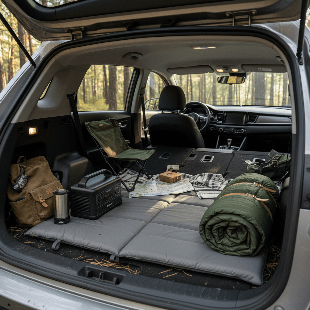 Kia Niro EV rear seats folded flat with a camping mattress, sleeping bag, and organized gear along the sides
