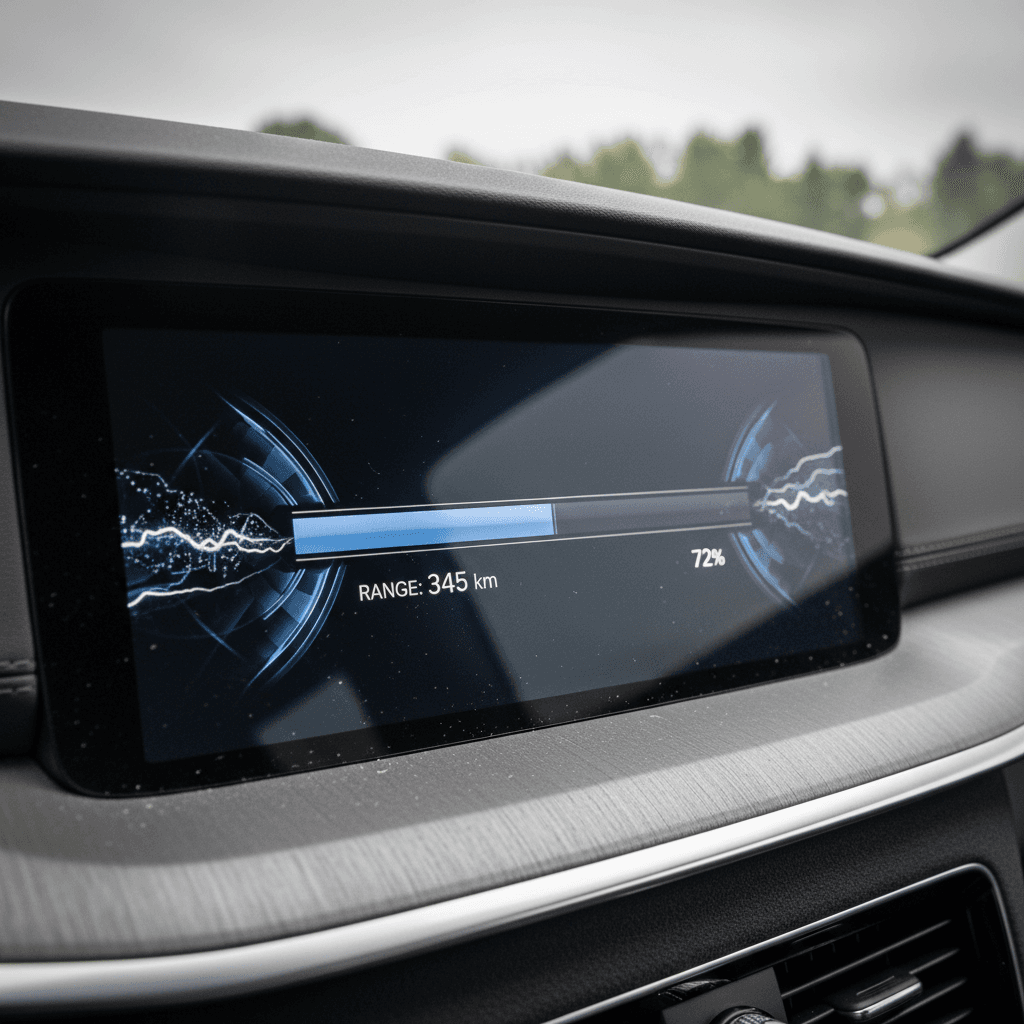 Close-up of a Volvo EX90 instrument cluster showing the battery percentage and estimated range on the digital display.