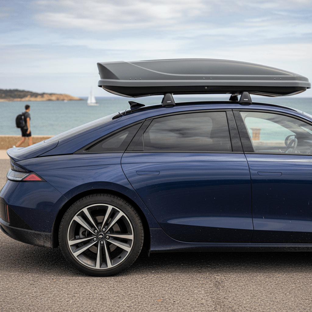 Hyundai Ioniq 6 sedan with a slim roof rack and medium cargo box parked in a driveway