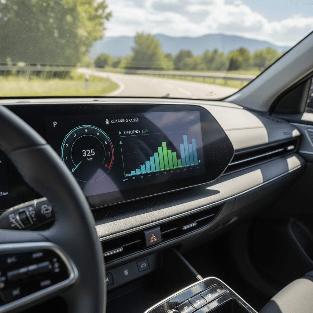 Driver display of a 2025 Hyundai IONIQ 6 showing remaining range and real-time efficiency while cruising on the highway