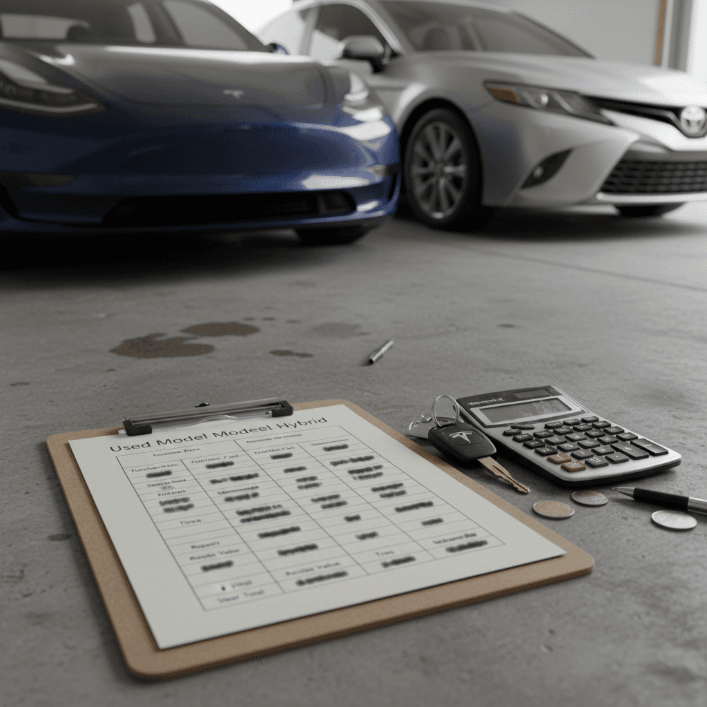 Clipboard with side-by-side total cost of ownership numbers for a used Tesla Model 3 and Toyota Camry Hybrid next to car keys and a calculator