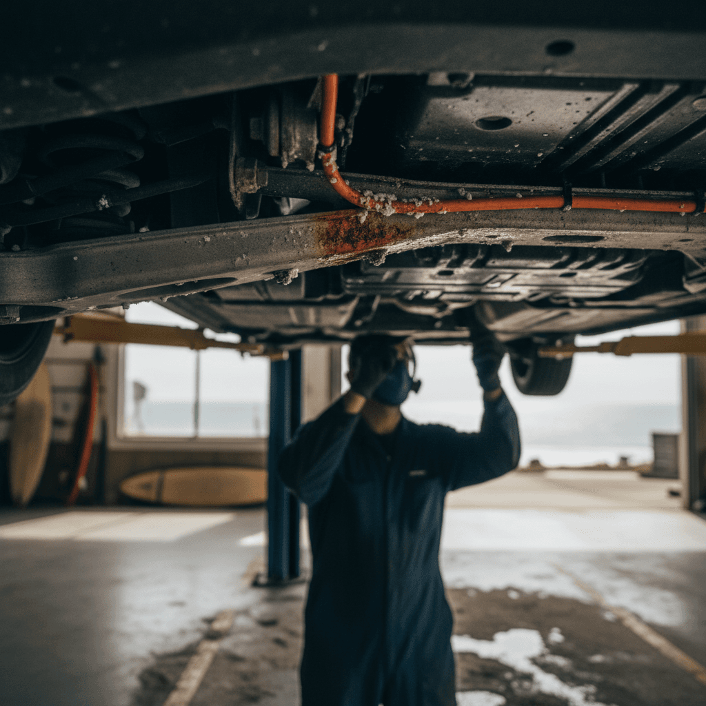 Technician using a diagnostic tablet next to an electric car on a lift during an annual EV inspection