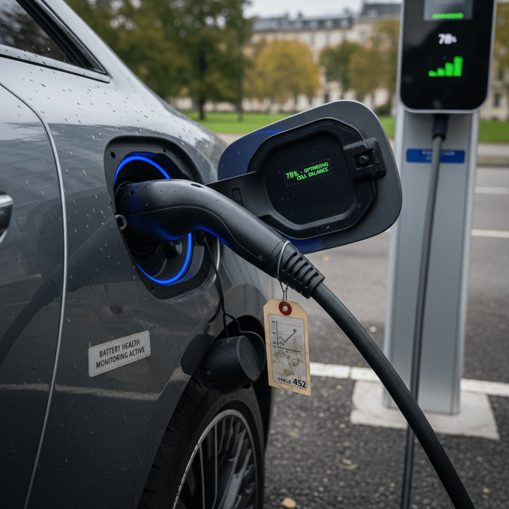 Close-up of a Mercedes EQE charging port with a cable plugged in at a public charging station