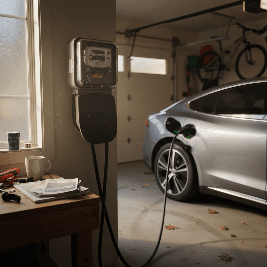 Electric car charging from a Level 2 wallbox in an Atlanta home garage, with utility power meter visible.