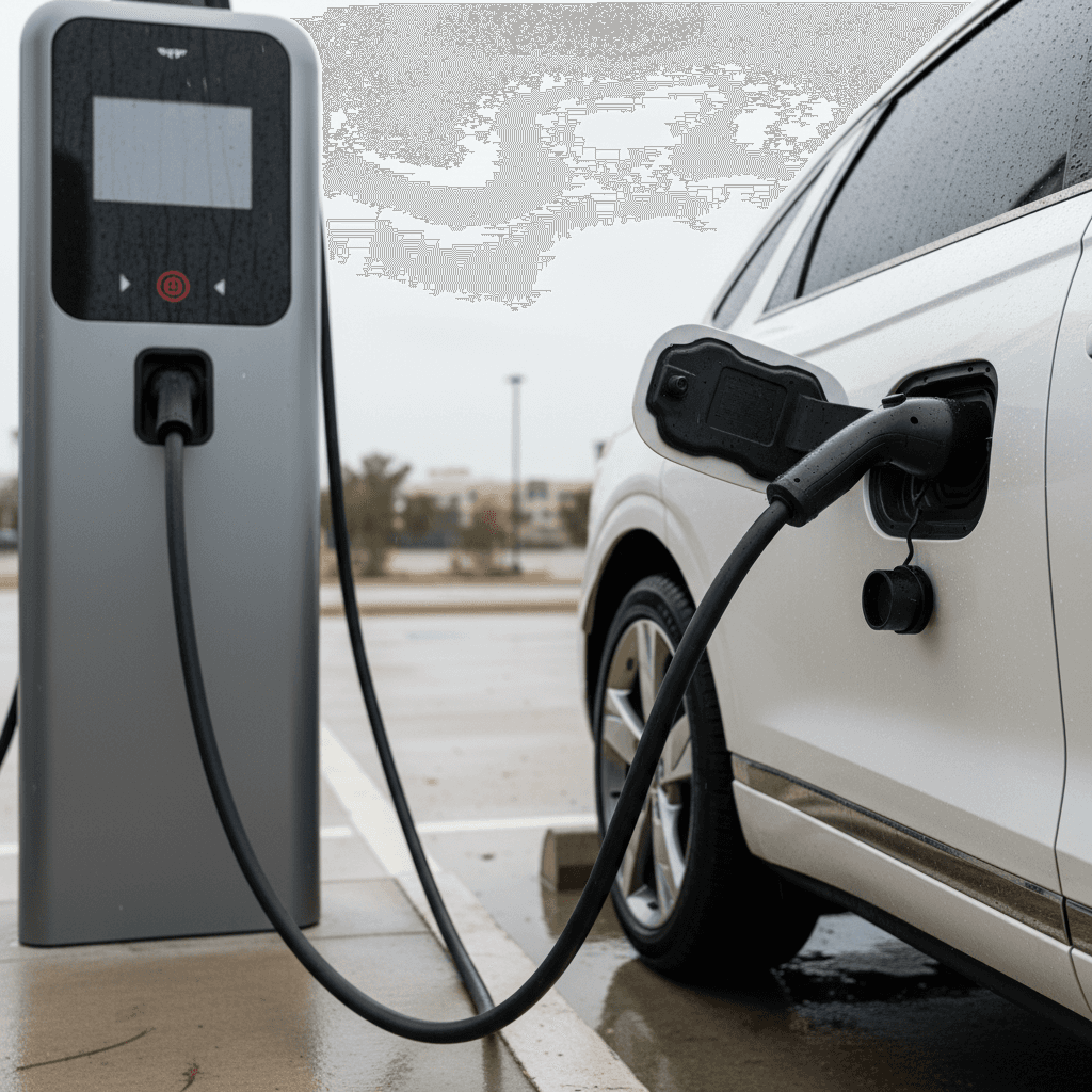 Genesis GV70 Electrified charging at a public fast charger, showing state-of-charge on the cluster