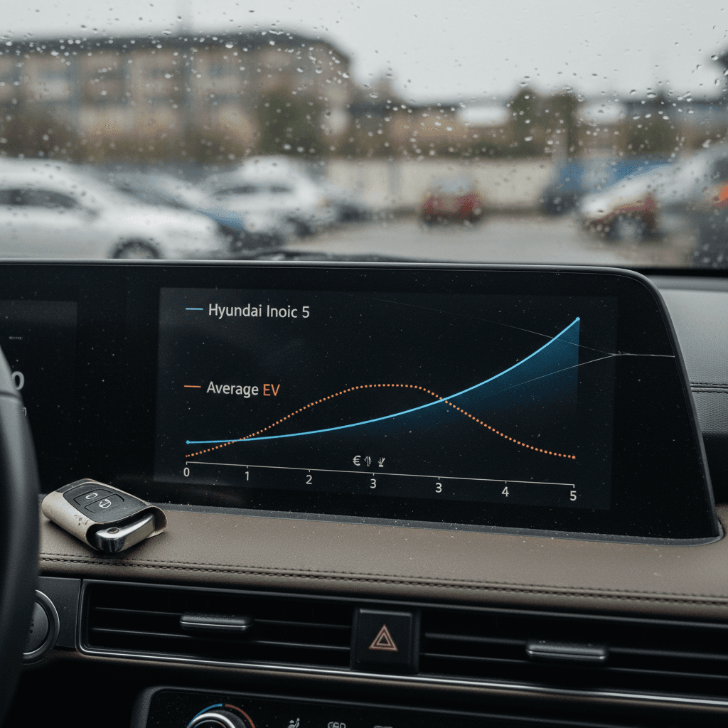 Illustration of a Hyundai Ioniq 5 depreciation curve over 5 years compared to the average EV, showing faster early losses then a flatter curve