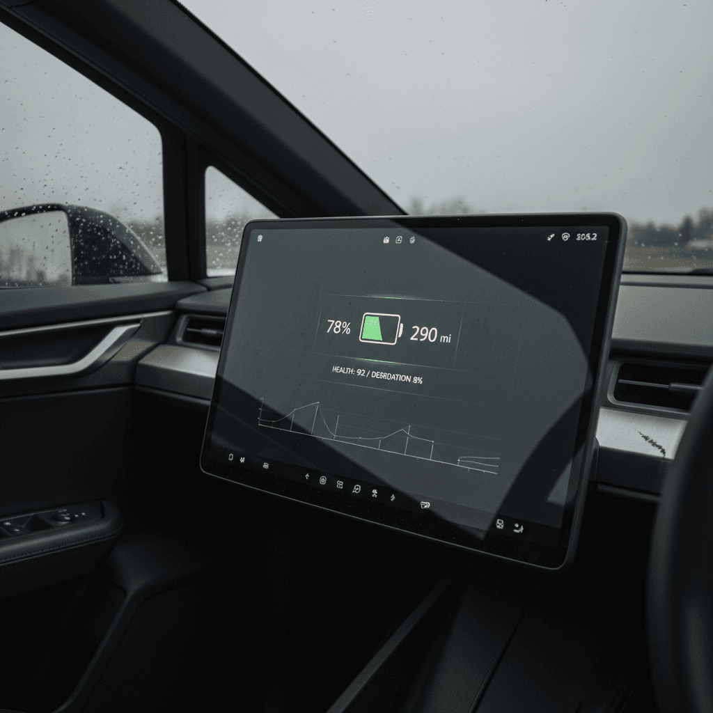 Tesla Cybertruck center screen showing battery state of charge and estimated range after charging